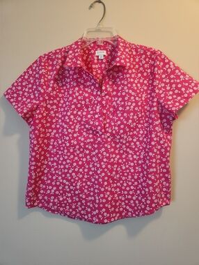 J. Crew Bright Pink Short-Sleeve Button Down with Cotton White Floral Print